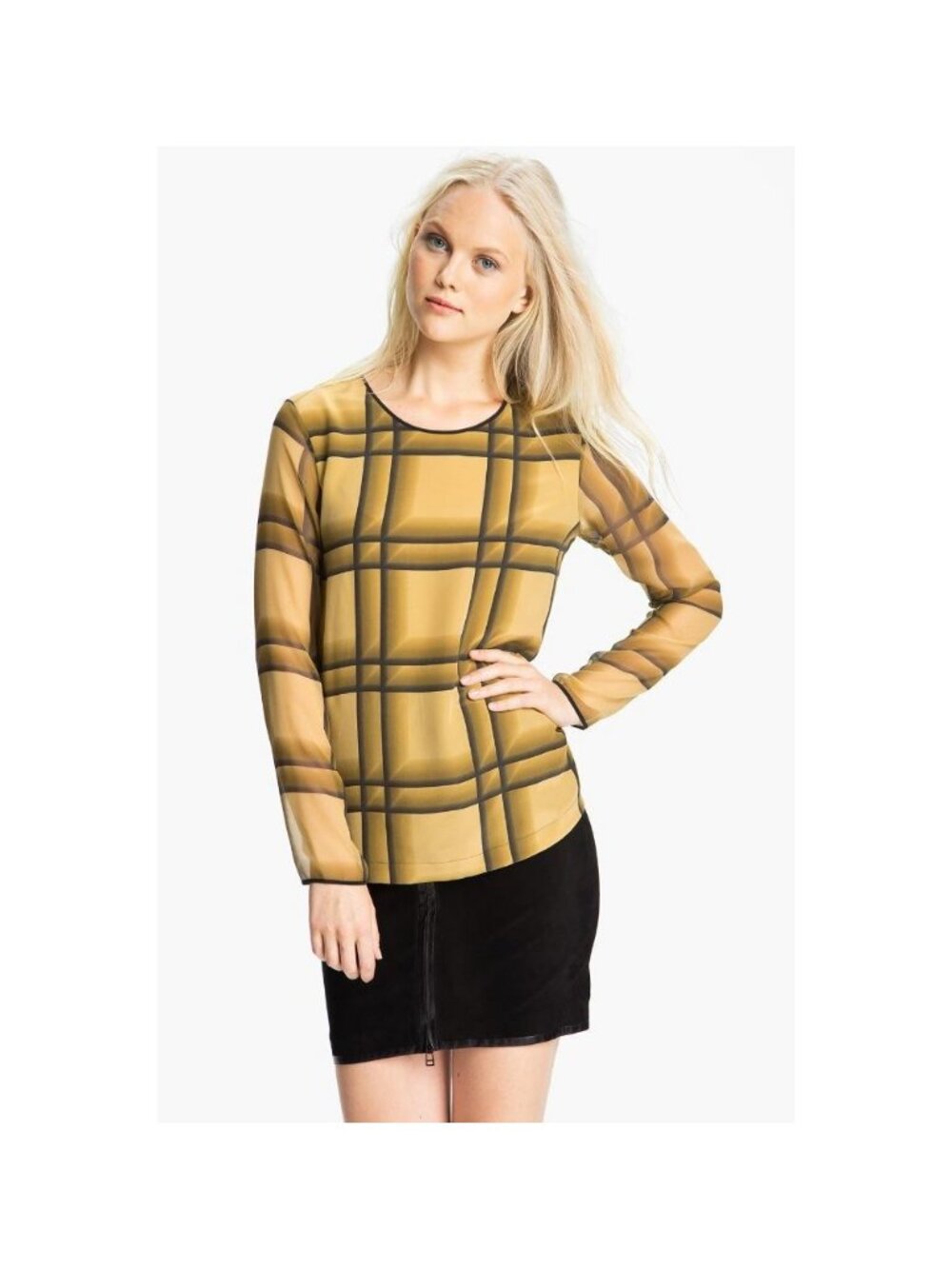 Robert Rodriguez Ombre Plaid Blouse Marigold Silk Top Yellow Black Long Sleeve